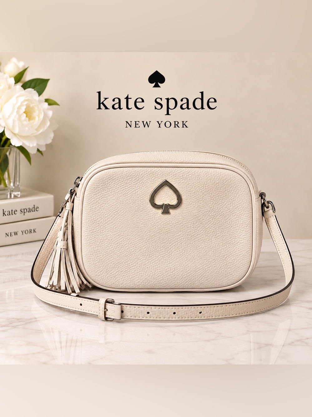 kate spade EUC Kourtney Camera Bag - cream pebbled leather crossbody with tassel